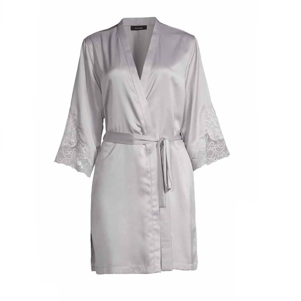 Natori Plume Satin Lace Sleeve Robe in Silver Size Small